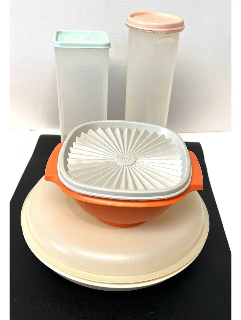 4 Vtg Tupperware Mixed- Orange 840-G, 5 Comp Tray 1709-6, Spaghetti, Velveeta